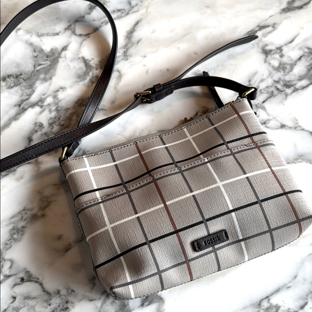 Fossil Gray & Black Plaid Crossbody Canvas Bag